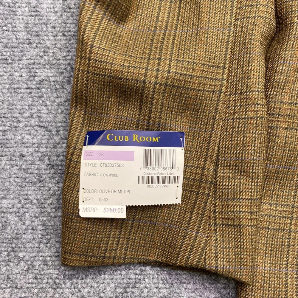 Club Room Mens 42R Wool Blazer Olive Glen Plaid Elbow Patches CF83B37503 NEW